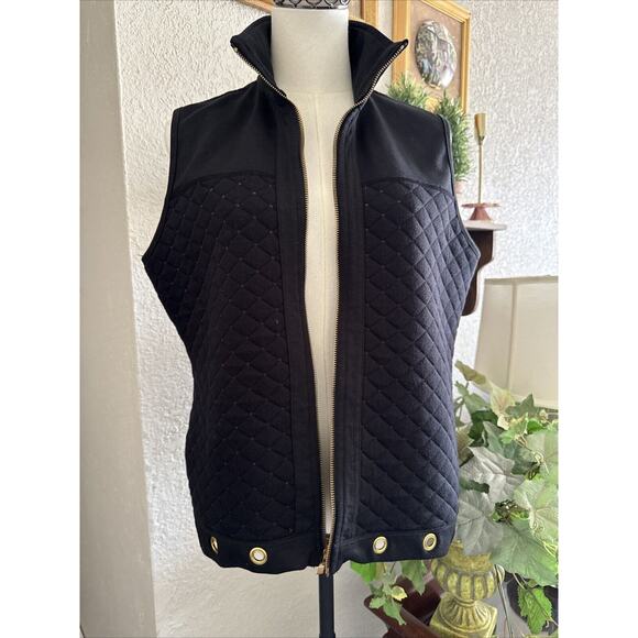 Quilted Puffer Vest Women’s Sz L Striped Black Gold Mock Neck Reversible - Picture 12 of 14